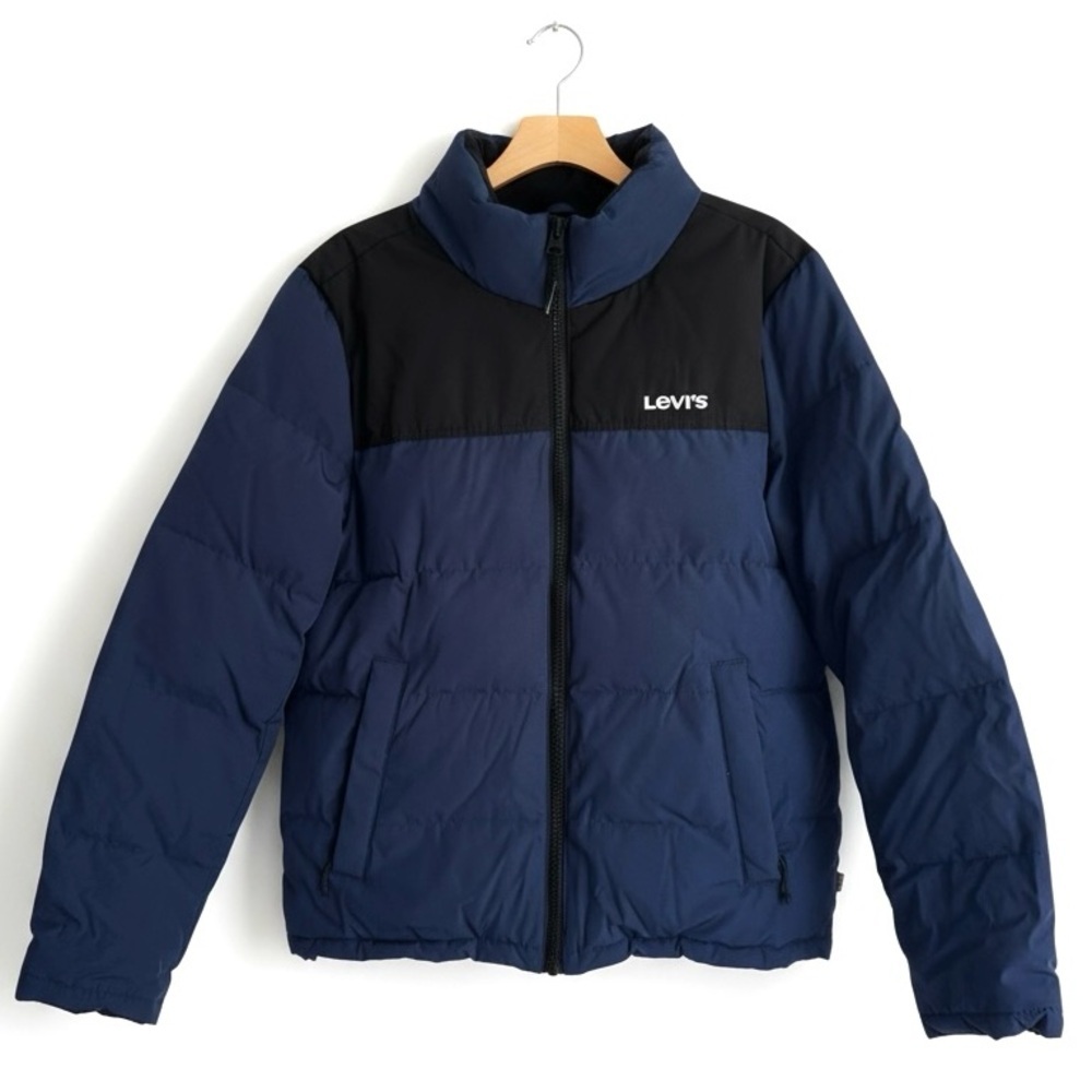 Levi’s Puffer Jacket Fleece Lined Zip Front Winter Coat Navy Blue Black Small